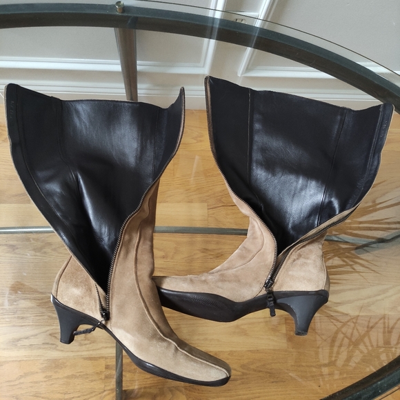 Prada square toe tall boots silver hardware logo women 37.5 tan suede - Picture 10 of 12